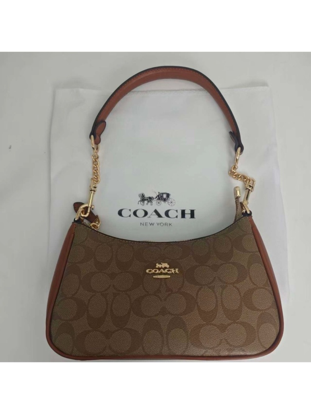 Coach Brown Signature Canvas Shoulder Bag with Gold Hardware